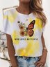 Floral-Print Butterfly Short Sleeve Crew Neck T-shirt