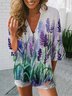 Floral Half Sleeve  Printed  Polyester  V neck  Casual  Summer  Blue Top