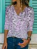 Women Summer Floral-Print Long Sleeve V Neck Cotton Top