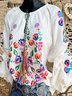 Cotton-Blend Casual Floral Long Sleeve Tops