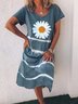 Women's Summer Casual Short Sleeve V Neck Floral Midi Knitting Dress