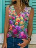 Floral Sleeveless  Printed  Cotton-blend  V neck  Casual Summer  Multicolor Top