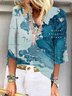 Graphic  Half Sleeve  Printed  Cotton-blend  V neck  Casual  Summer Blue Top
