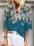 Floral  Half Sleeve  Printed  Polyester V neck Holiday  Summer  Blue Top