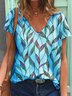 Women Leaves  Short Sleeve Printed  V neck  Vintage Summer  Blue Top