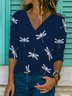 Vintage 3/4 Sleeve Dragonfly Printed V Neck Casual Top
