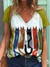 Animal  Short Sleeve Printed Cotton-blend  V neck  Casual  Summer  Yellow Top