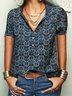 Cotton-Blend Abstract V Neck Short Sleeve Tops