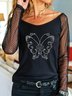 Black Butterfly Casual Party Club Lace Paneled Long Sleeve Shift Shirt & Top