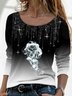 Black Floral Ombre/Tie-Dye Printed Rhinestone Casual Long Sleeve Shift Top