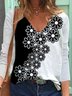 Black-white Floral Printed Long Sleeve V Neck Casual Shift Top