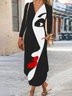 Casual Long Sleeve V Neck Printed Knitting Dress