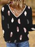 Vintage Feather Printed V-Neck Long Sleeves Casual Tops