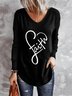 Casual Long Sleeve V Neck Heart Printed Top Valentine's Day T-shirt