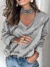 Shiny Striped Pattern Long Sleeve V Neck Plus Size Casual Tops