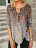 Abstract Printed Casual Zipper Round Neck Long Sleeve Shirt & Top