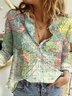 Women Casual Map Printed Collar Long Sleeve Blouses