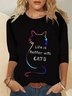 Life Is Better With Cats Long Sleeve Round Neck Printed Top T-shirt