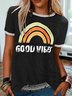 Zolucky Women Vintage Cotton Crew Neck Plus Size Short Sleeve Casual Rainbow Letter Printed Tops