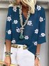 Floral 3/4 Sleeve V Neck Plus Size Casual Tops