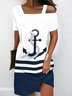 Striped Anchor Geometric Casual Summer Daily Asymmetrical Skirt Short sleeve Dress for Women