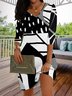 Casual Abstract Three Quarter V Neck Plus Size Printed Dress