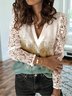 Abstract Lace Long Sleeve V Neck Plus Size Casual Tops