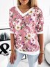 Women Casual Floral Autumn V neck Micro-Elasticity Daily Loose Jersey Three Quarter Sweatshirts