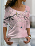 Women Casual Floral Autumn Lightweight Micro-Elasticity Daily Asymmetrical H-Line Regular Size T-shirt