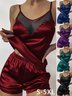 Sexy Plain All Season Polyester V neck Lace Micro-Elasticity Household Shorts Sets for Women