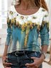 Casual Abstract Floral Print Round-neck Long Sleeve Knitted T-shirt