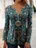 Casual V neck Long Sleeve Ethnic Loose Top