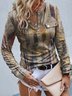 Abstract Buttoned Long Sleeve Notched Casual T-Shirt