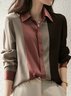 Satin Color Block Casual Shirt Collar Blouse
