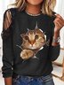 Casual Cat Printed Patchwork Lace Crew Neck T-Shirt