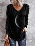 Plus Size Moon Printed V Neck Casual Long Sleeve Shift Top