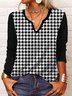 Casual Houndstooth Loose V Neck T-Shirt