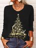 Plus Size Casual Christmas Trees Long Sleeve Crew Neck Printed Top T-Shirt Xmas T-shirt