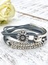 Boho Silver Floral Pattern Beaded Leather Rope Layered Bracelet Beach Vacation Ethnic Jewelry