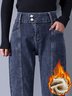 Denim Plain Pockets Buckle Casual Fleece Jeans