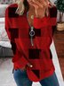 Plus Size Half Open Collar Casual Loose Plaid T-Shirt