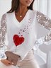 Heart/Cordate Patchwork Lace Casual V-neck Top