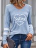 Sister Letters Color Block Long Sleeve V Neck Casual T-Shirt