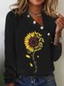 Casual Buckle Asymmetrical Collar Sunflower Printed T-Shirt