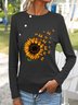 Sunflower Butterfly Long Sleeve Buckle Crew Neck Casual T-Shirt