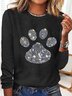 Women's Dog Paw Rhinestone Print Crew Neck Casual Letters Top