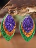 Mardi Gras Tricolor Leaf Shiny Leather Earrings Party Jewelry
