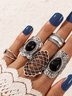 5Pcs Boho Black Gem Ethnic Pattern Ring Set Daily Holiday Jewelry