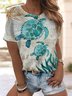 Plus Size Crew Neck Ethnic Loose Marine Life T-Shirt
