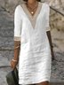 Cotton Crochet Lace V Neckline Design Plain High Waist Half Sleeve Casual Short Dress